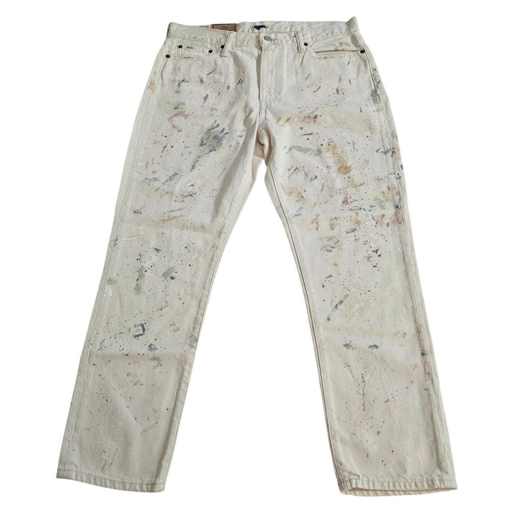 Polo Ralph Lauren Avery Boyfriend Paint Splatter Jeans Cream Womens 34 New